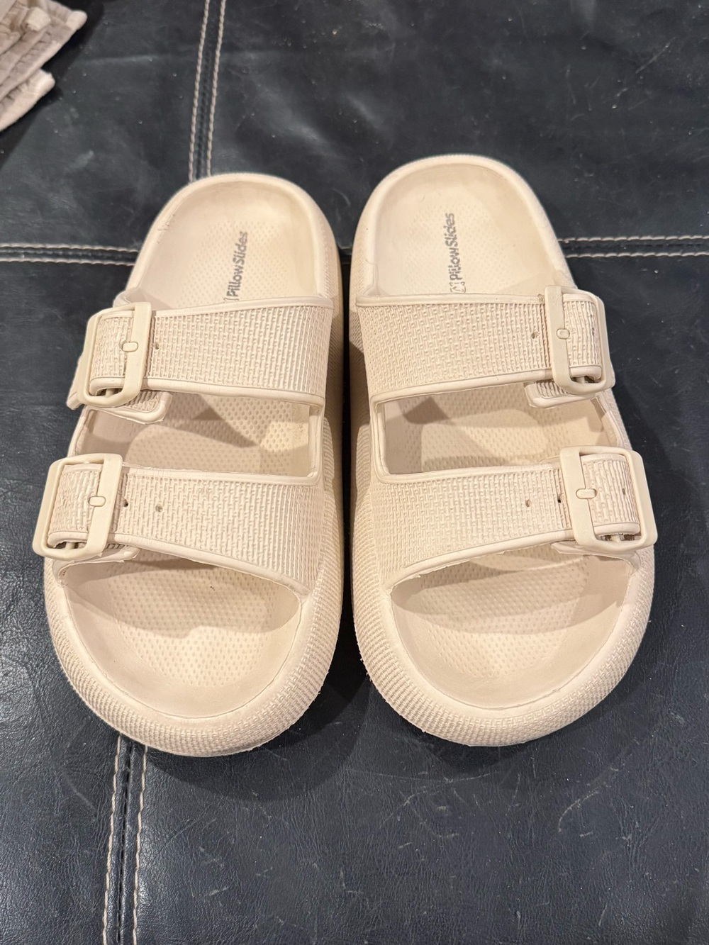 Adjustable Double-Buckle Slide Sandals in Cream